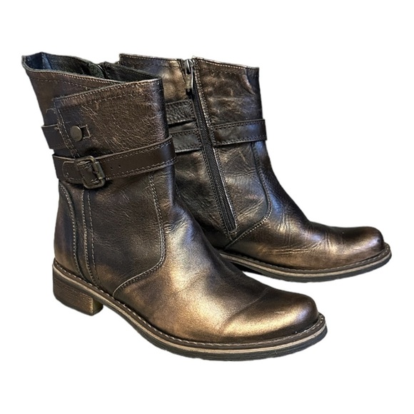 V-Italia Bronze Metallic Leather Moto Boots Women’s 7 EU 38 Mid Calf Buckle Zip - Picture 2 of 13